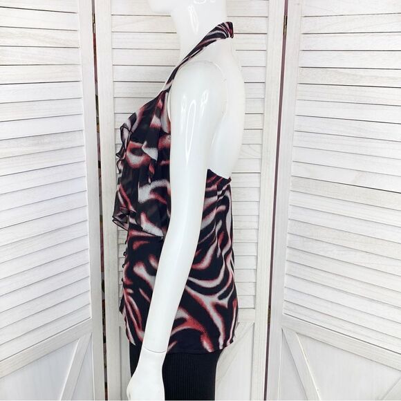 Bebe Printed Silk Chiffon Ruffle Trim Halter Neck Blouse Pink Black XS - Picture 2 of 12